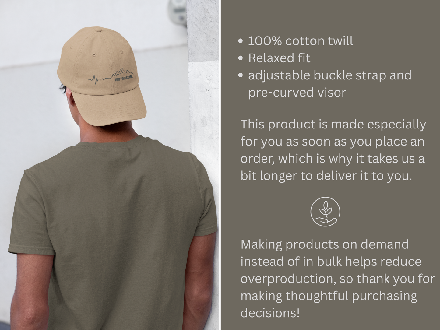A man shown from the back wearing a beige baseball cap and an olive green t-shirt, next to a text panel detailing the product's features: 100% cotton twill, relaxed fit, adjustable buckle strap, and pre-curved visor.