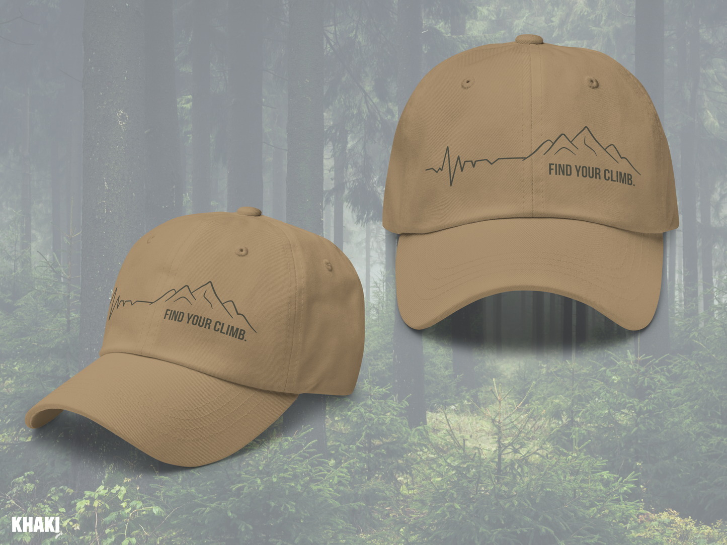 Two tan baseball caps shown from different angles against a misty forest background. Each cap has a dark embroidered mountain line graphic with the text 'FIND YOUR CLIMB.