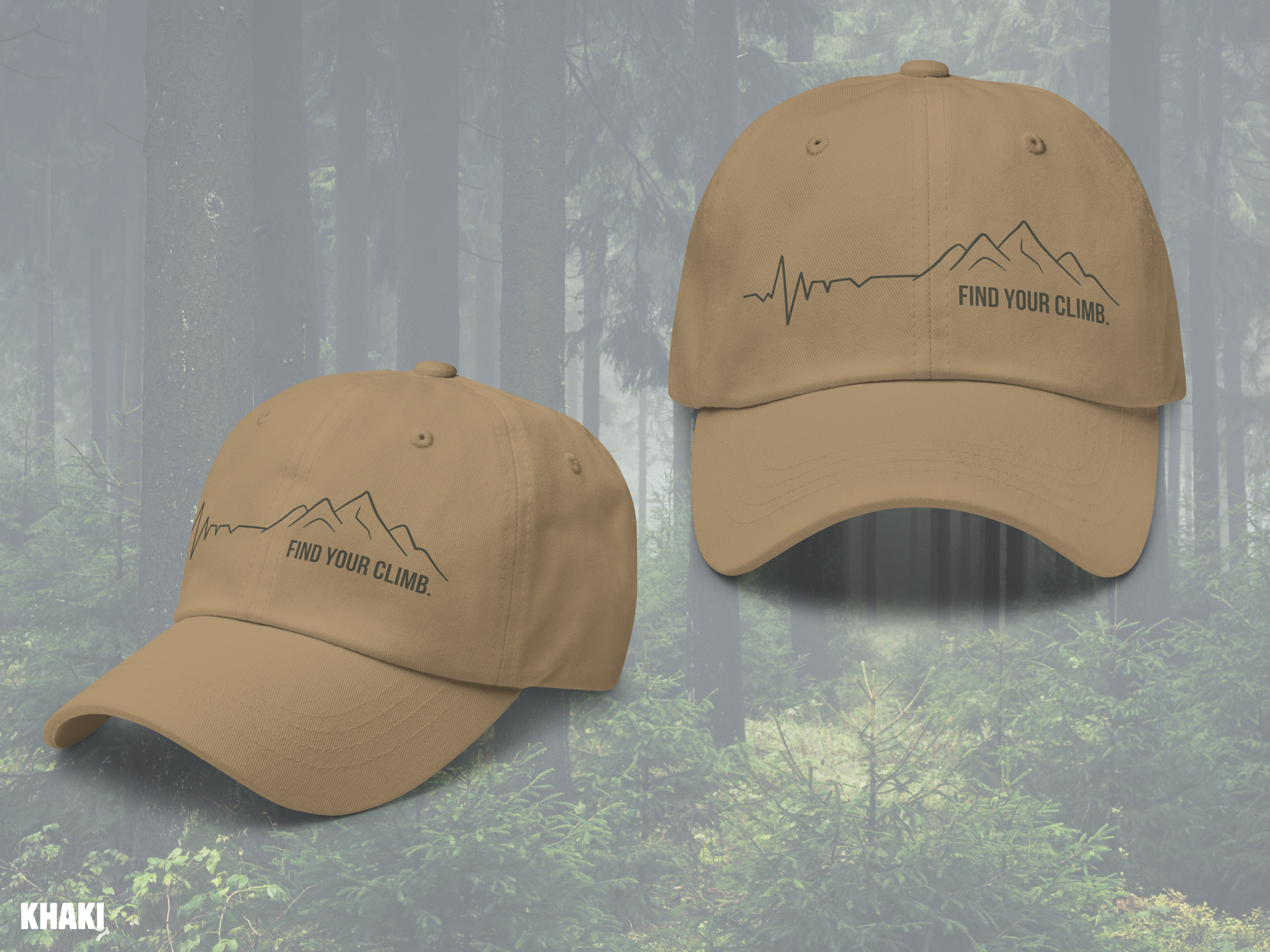 Two tan baseball caps shown from different angles against a misty forest background. Each cap has a dark embroidered mountain line graphic with the text 'FIND YOUR CLIMB.